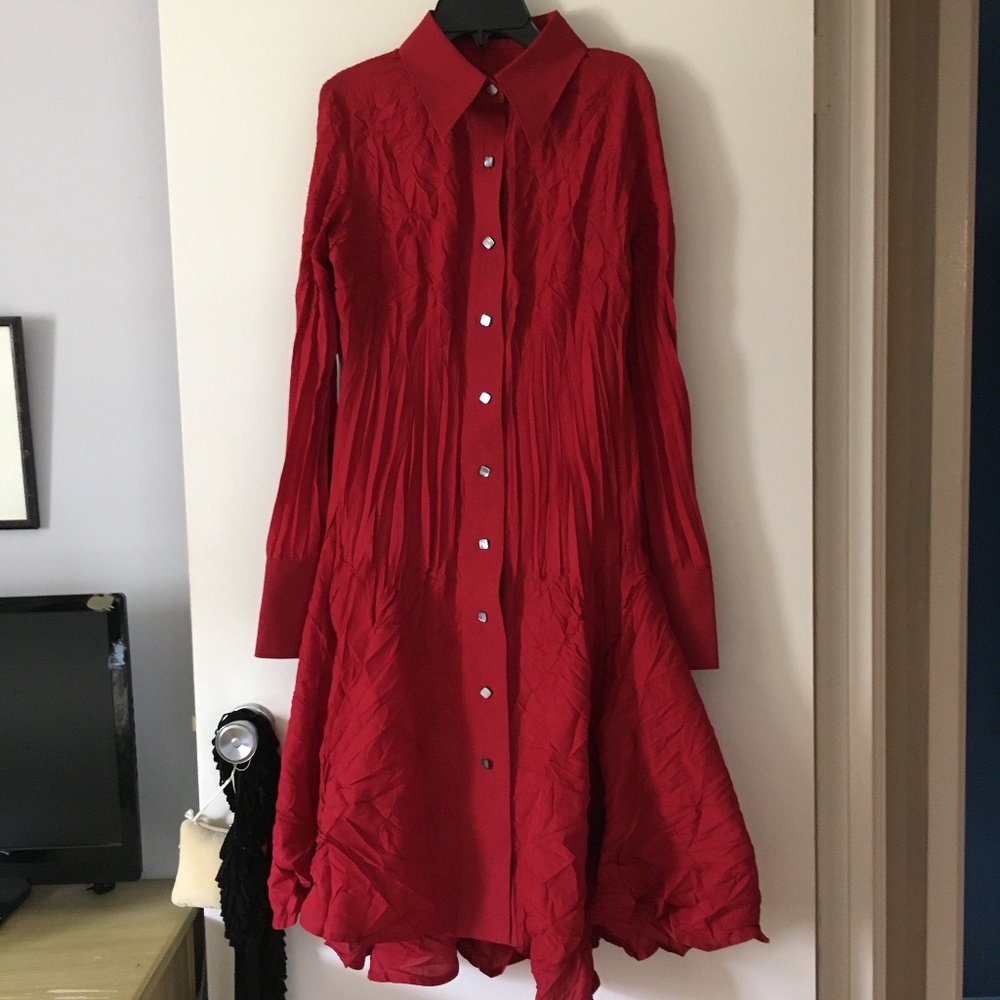 MARIE SAINT PIERRE Red Crinkle Button Front Dress 3